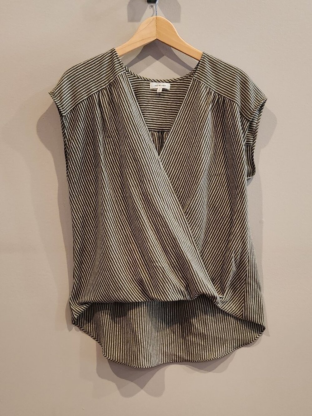 Max Studio Striped Faux Wrap Blouse Size Medium Cap Sleeve Top